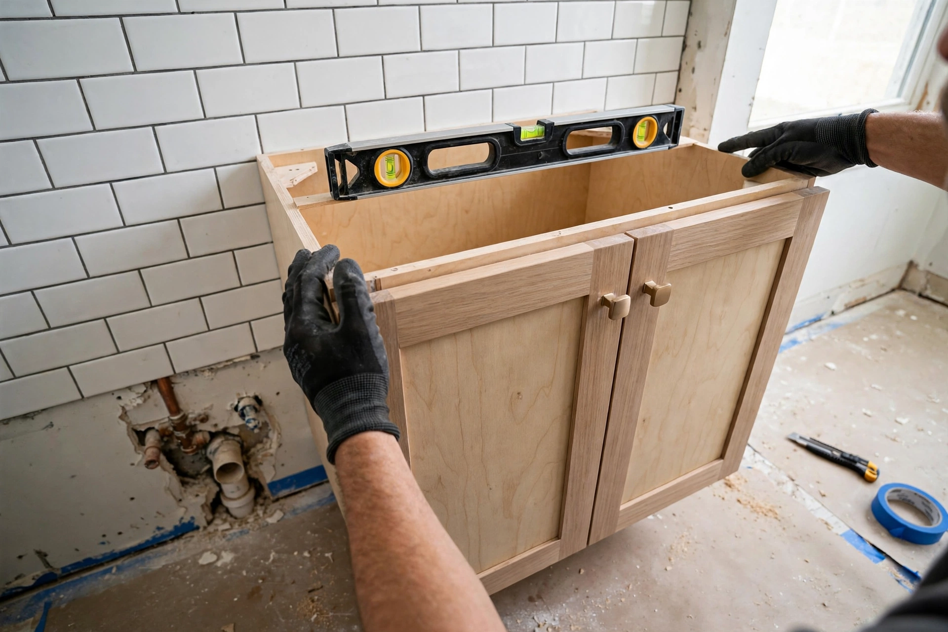 Bathroom Renovation Bathroom vanity being installed in a Mississauga home