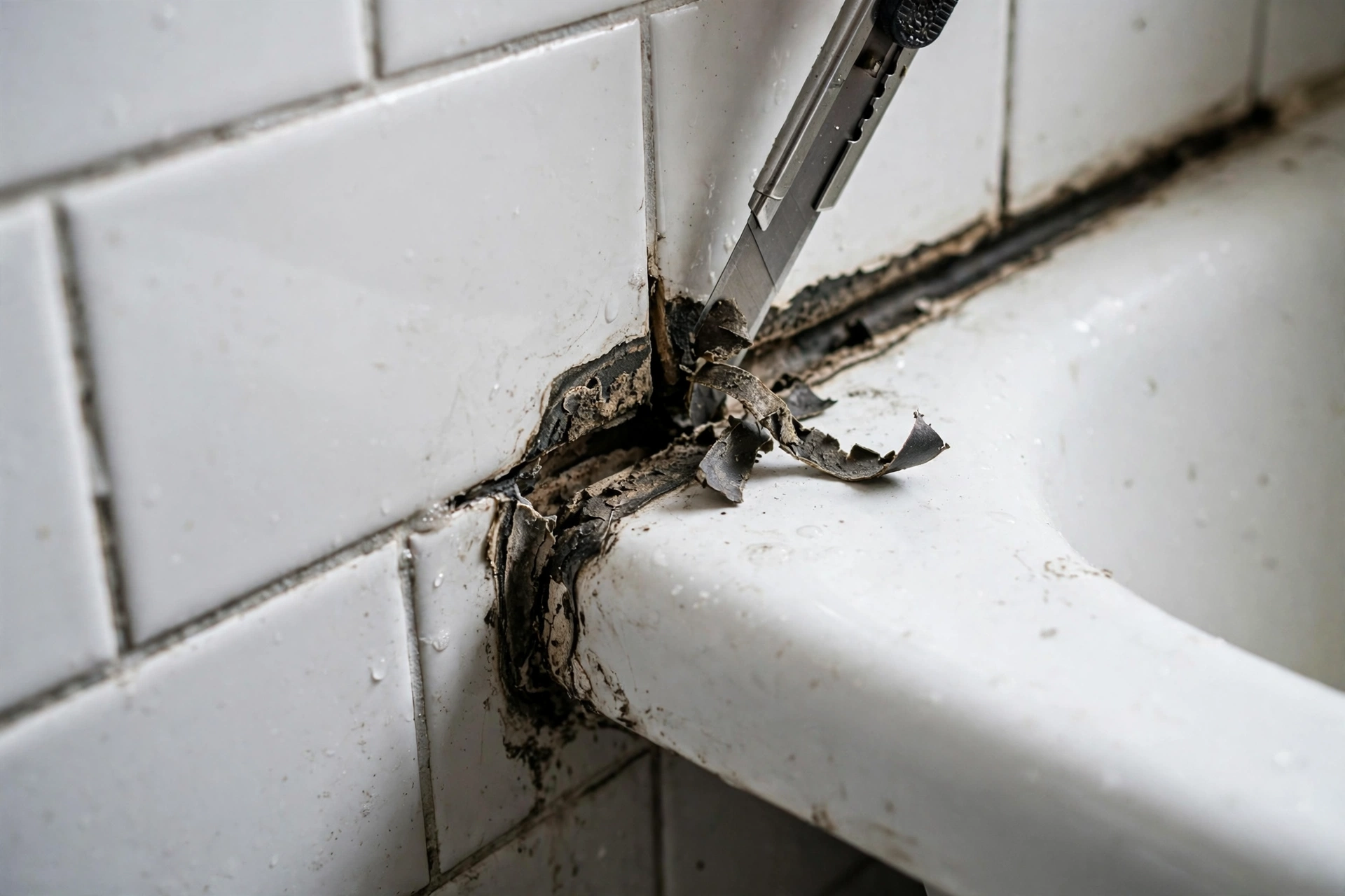 Caulking Services Old caulking being removed from a bathtub joint in Mississauga