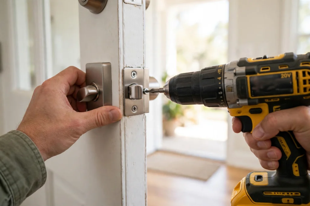 Door Lock Installation Deadbolt lock being installed on a front door in Mississauga