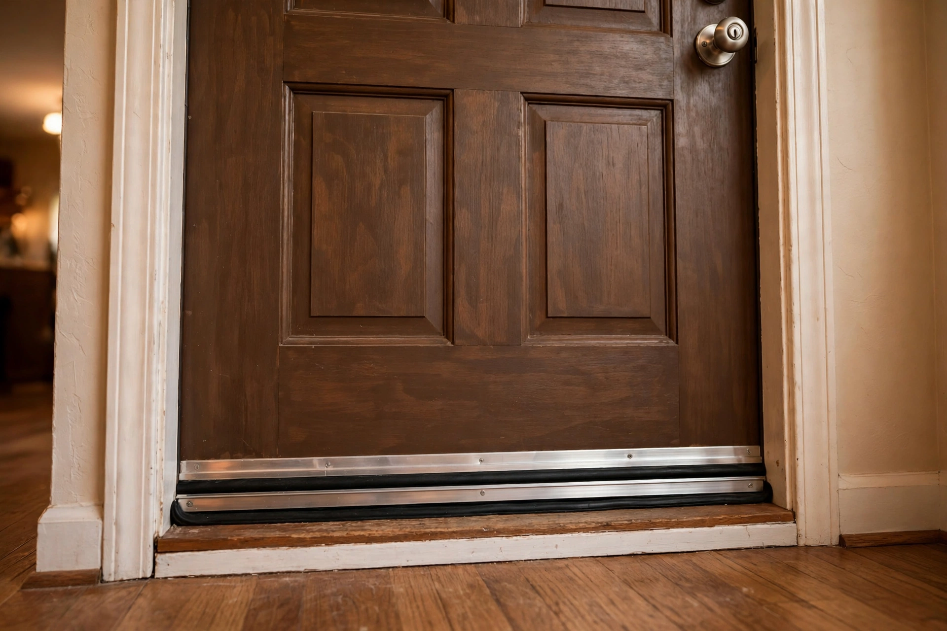 Weather Stripping Installation Door sweep installed to seal a Mississauga home against winter drafts