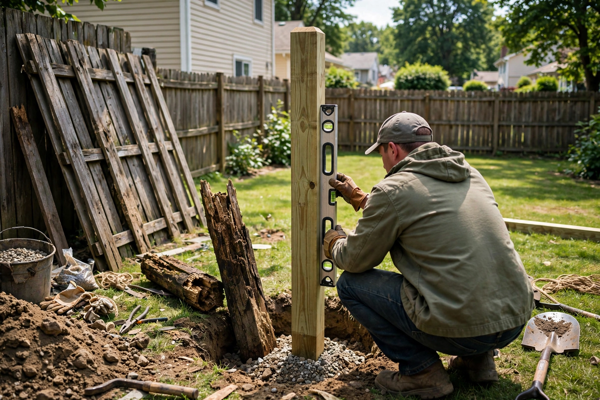 Fence Repair Wood fence post being replaced in a Mississauga backyard