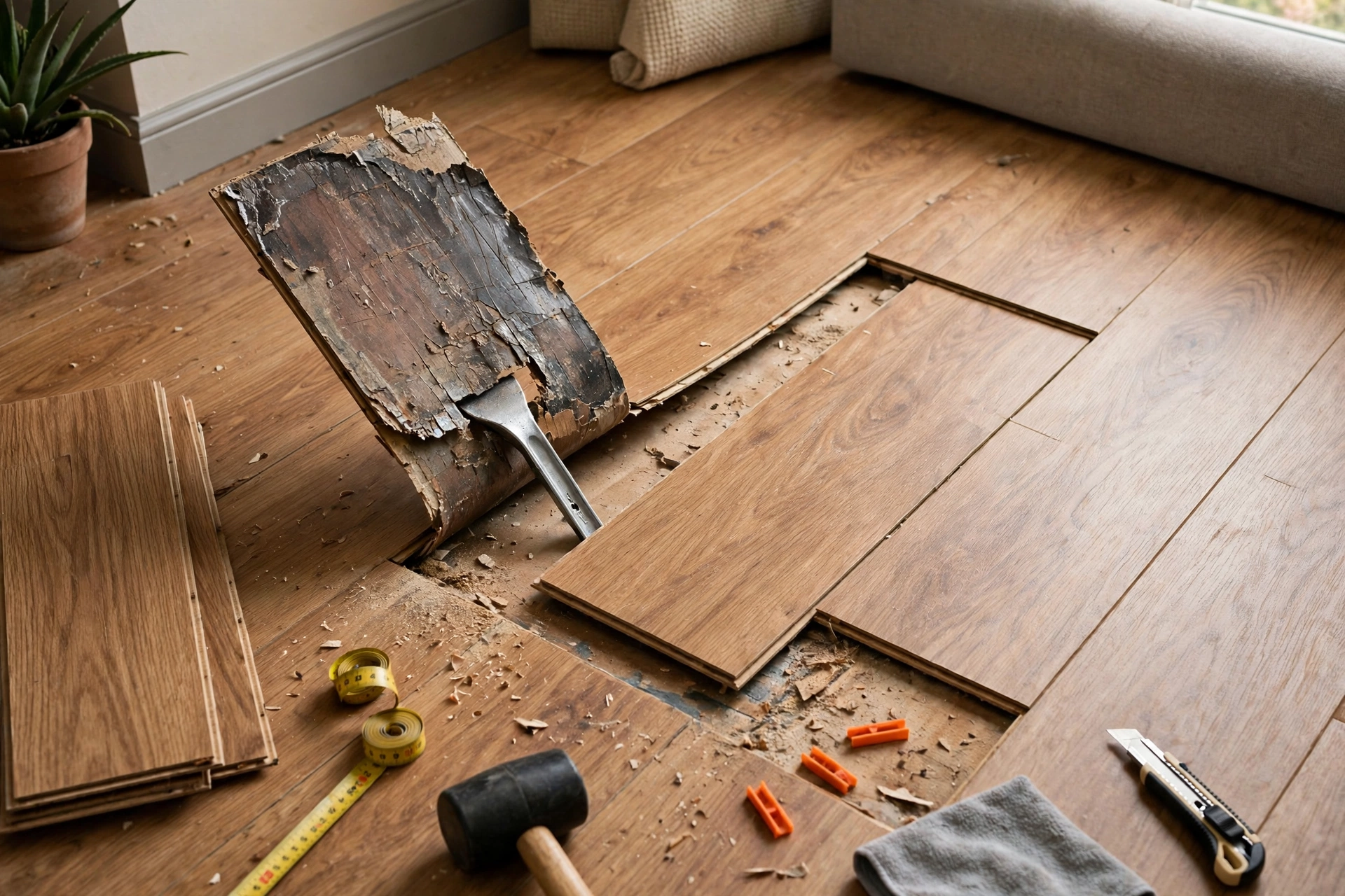 Floor Repair & Installation Damaged laminate floor board being replaced in a Mississauga home