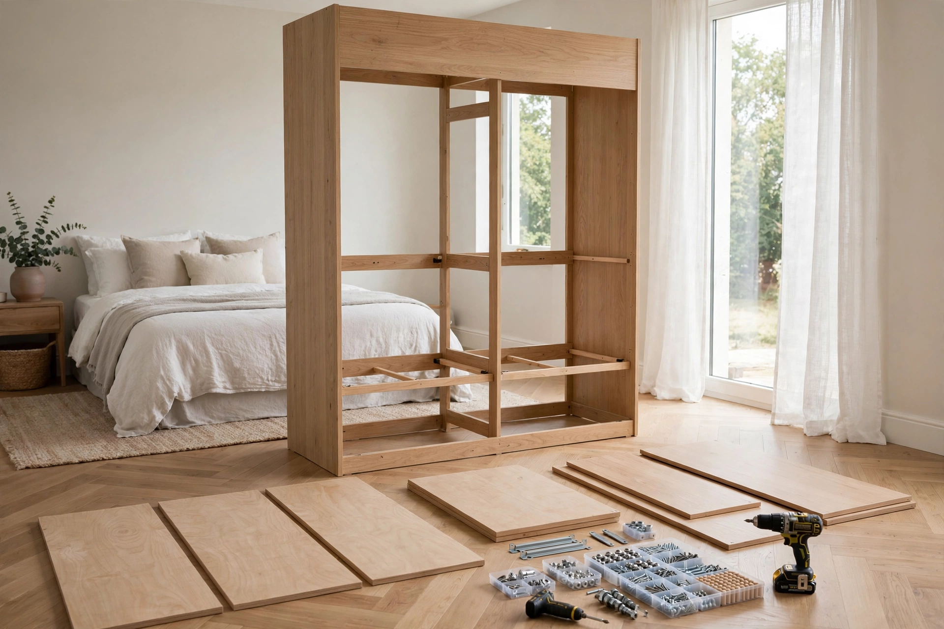 Flat-pack wardrobe being assembled in a Mississauga home
