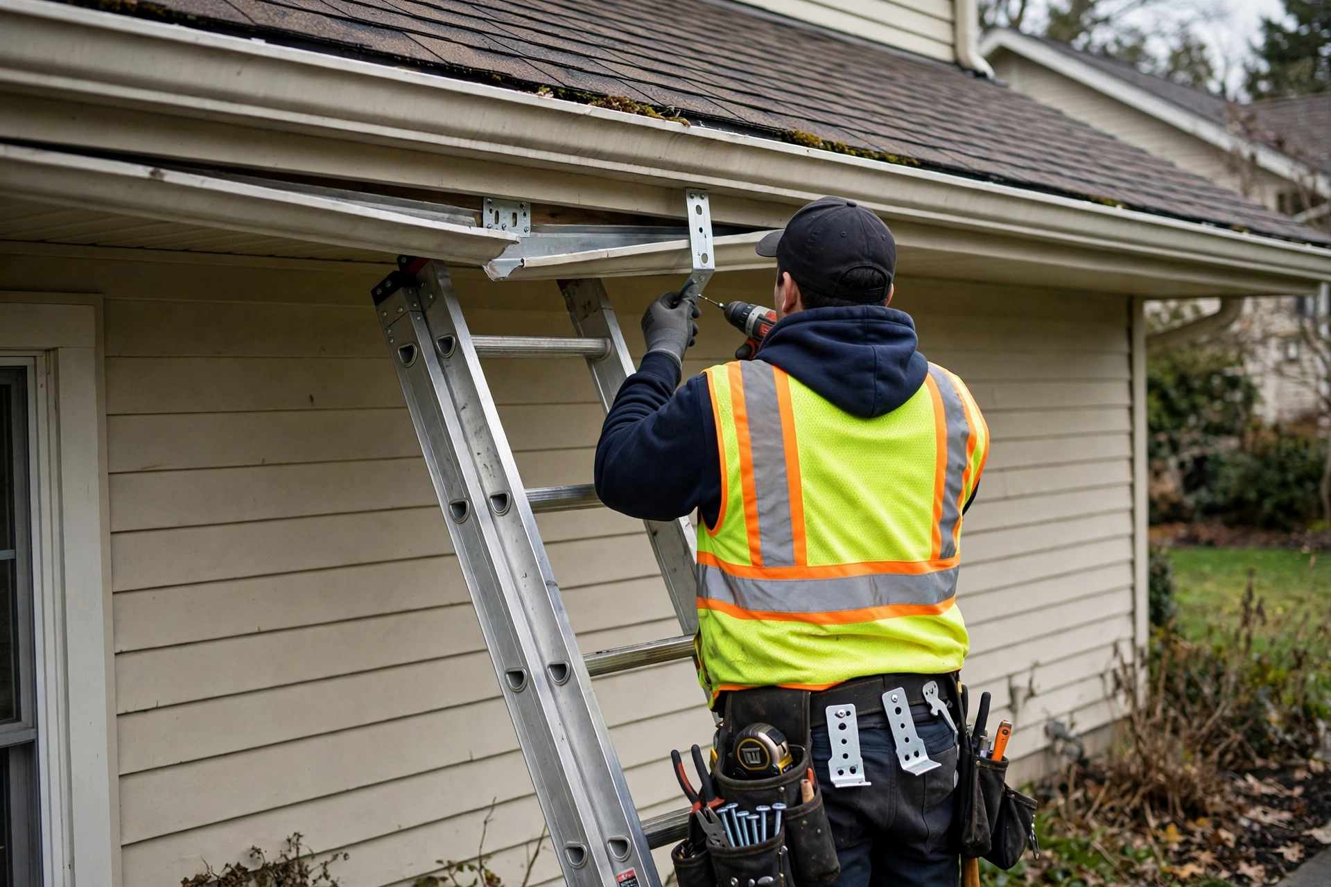 Gutter Repair Sagging eavestrough being re-secured on a Mississauga home