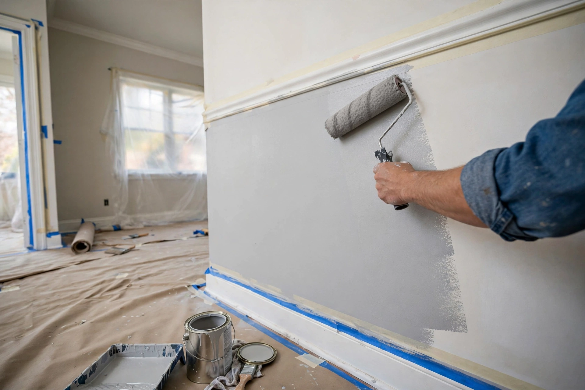 Painting Services Room being painted in a Mississauga home with trim taped and floors covered