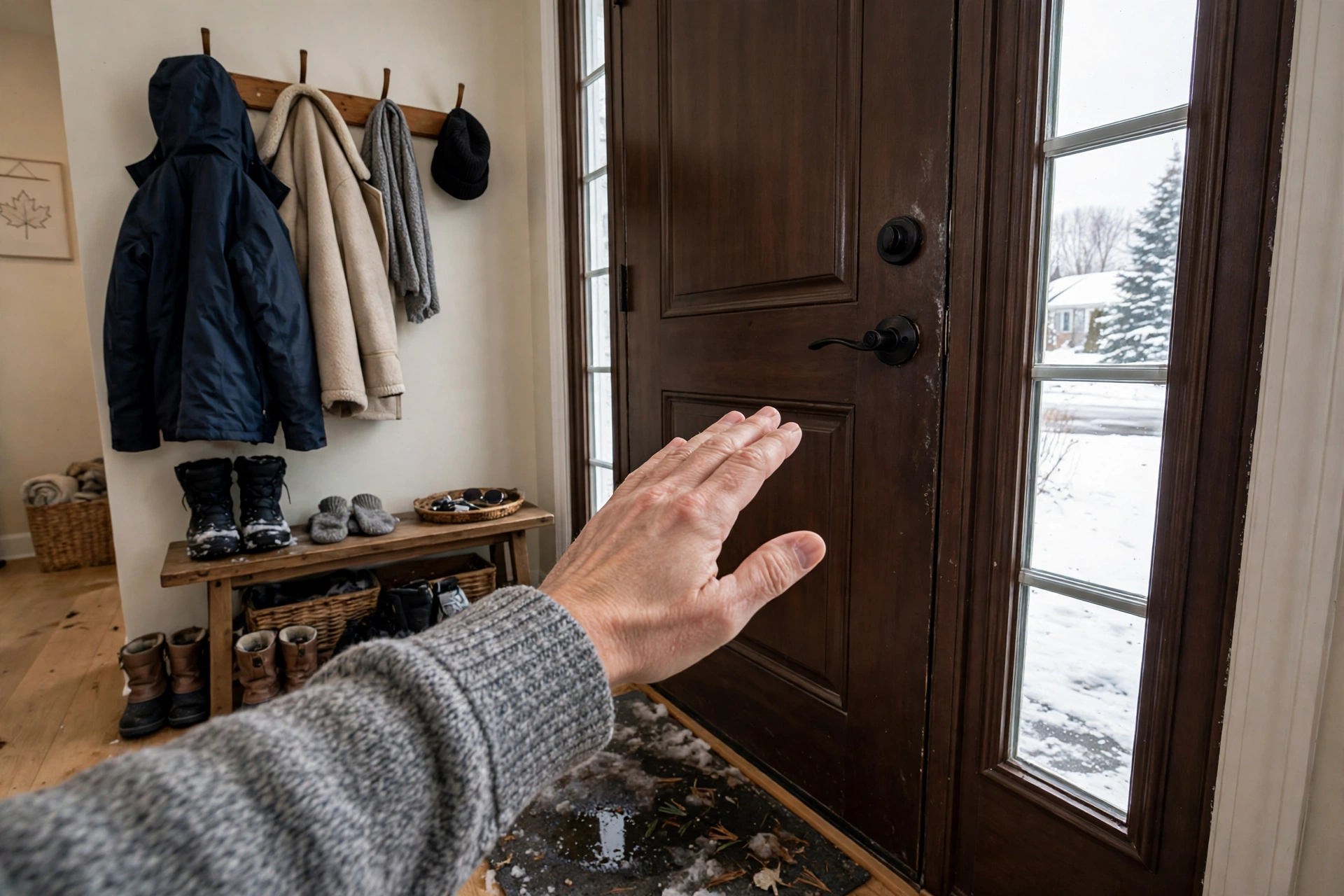 Checking for a winter draft around the front door of a Mississauga home with a hand near the door edge
