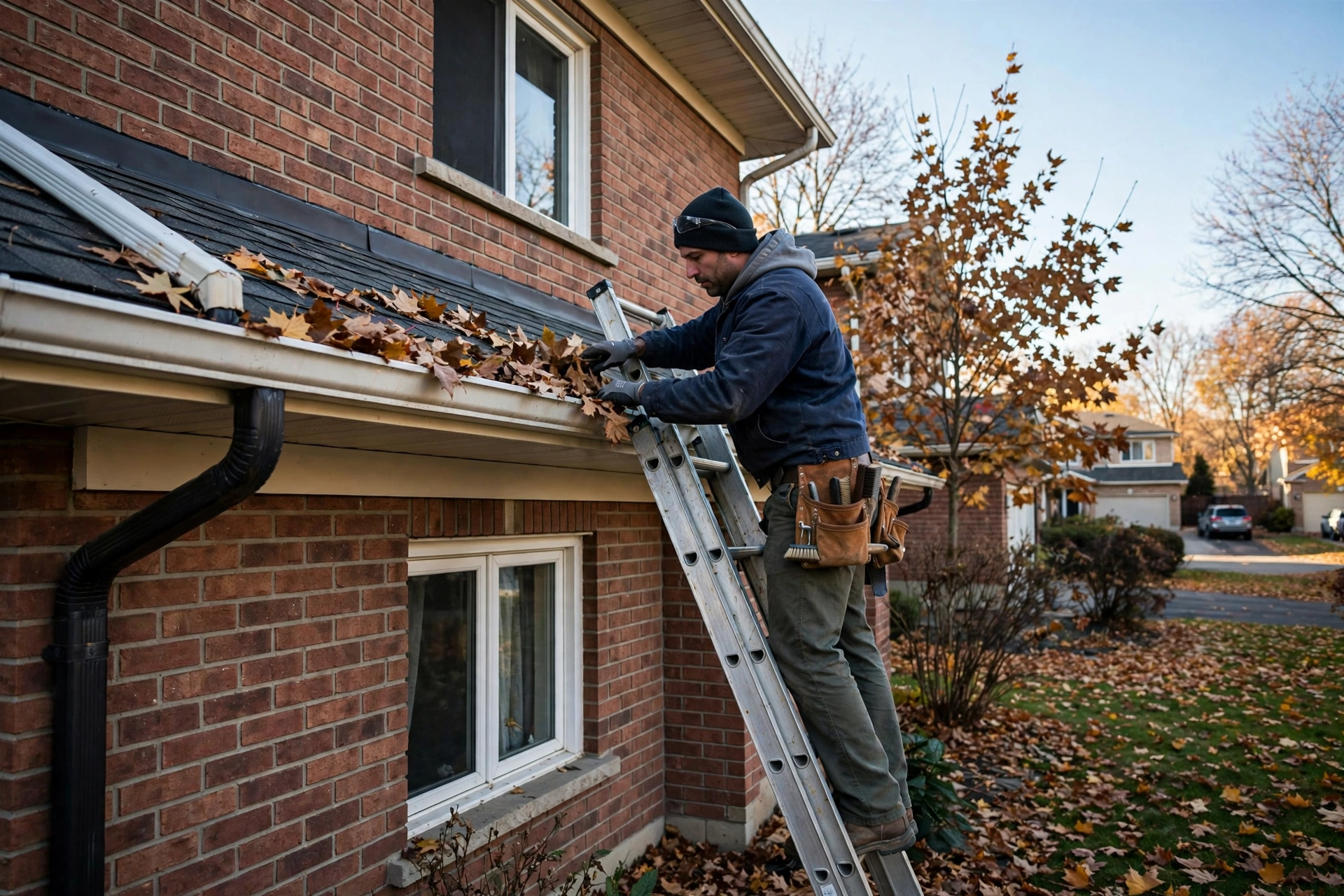 Handyman cleaning and checking gutters on a two-storey Mississauga home in late fall before winter