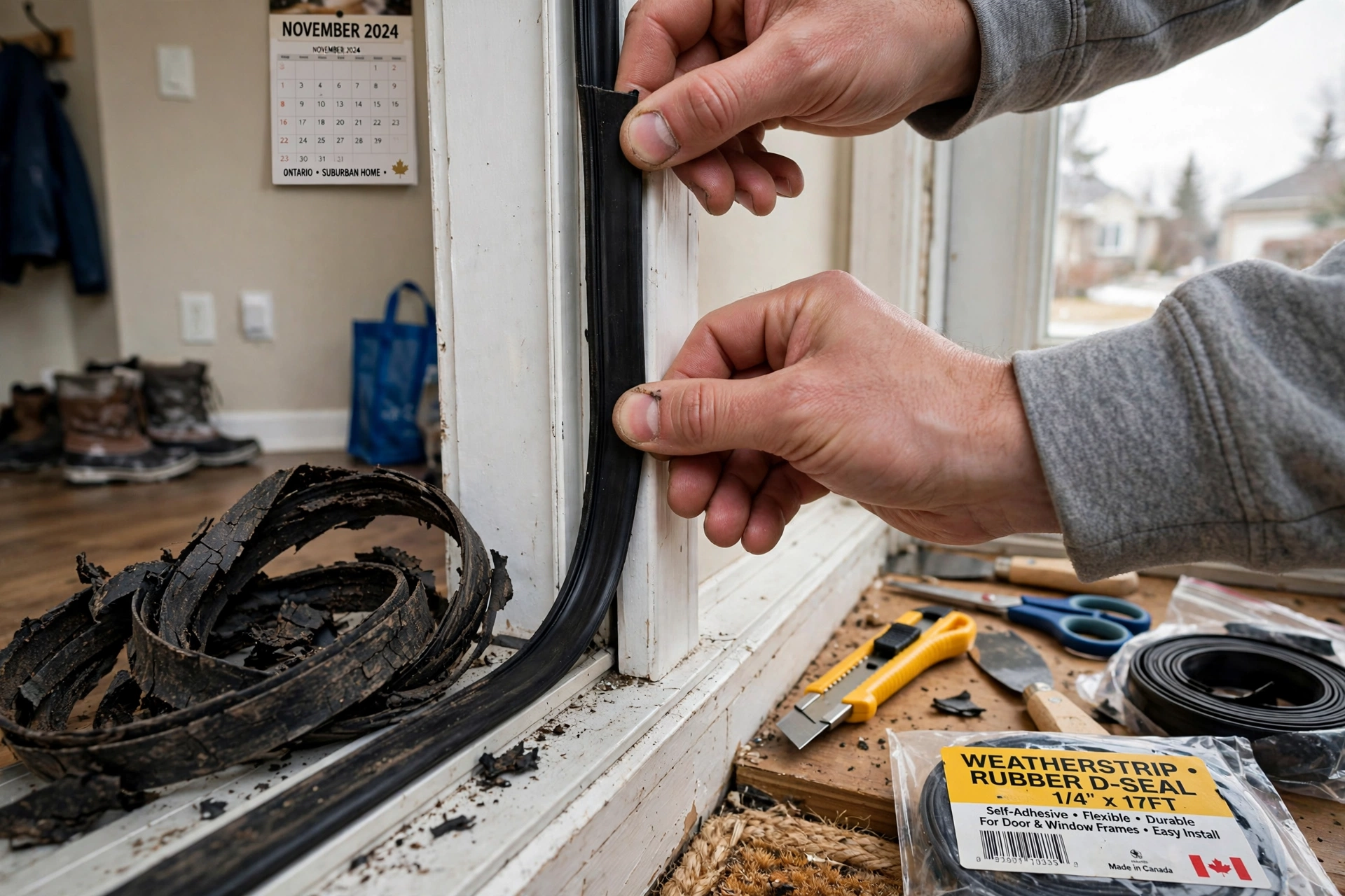 How to Stop Winter Drafts in Your Mississauga Home: Weather Stripping, Door Sweeps, and Caulking — and How to Tell Which One You Need Replacing worn weather stripping in a front door frame in a Mississauga home