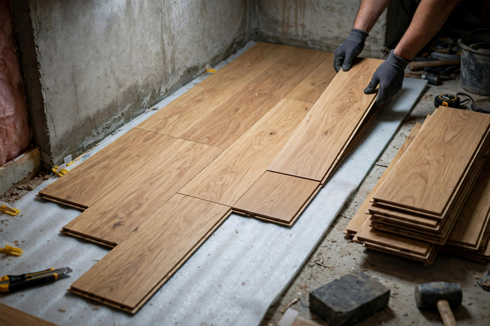 Floor Repair & Installation Vinyl plank flooring being installed in a Mississauga basement